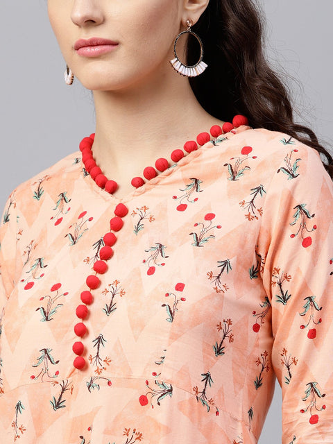 Floral multi Printed A-Line Maxi Kurta with V-neck and 3/4 sleeves