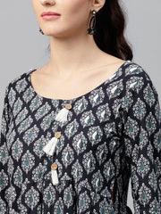 Round neck Black & white printed maxi dress with 3/4 sleeves and Emblished with tassels