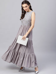 Sleeveless Grey tiered maxi dress with key hole neckline