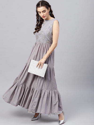 Sleeveless Grey tiered maxi dress with key hole neckline
