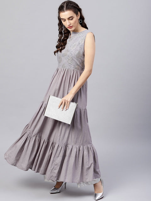 Sleeveless Grey tiered maxi dress with key hole neckline