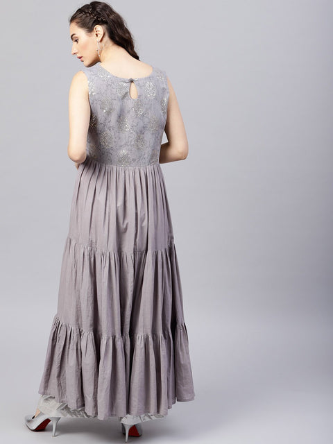 Sleeveless Grey tiered maxi dress with key hole neckline
