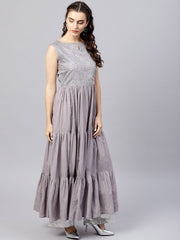 Sleeveless Grey tiered maxi dress with key hole neckline