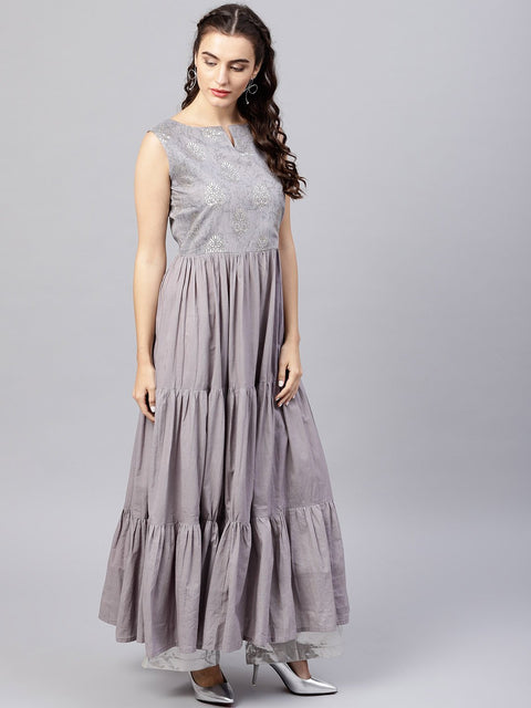 Sleeveless Grey tiered maxi dress with key hole neckline