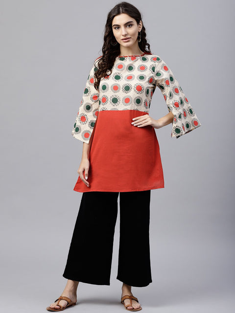 multi colored dress with boat neck and 3/4 flared sleeves