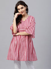 Pink and White Printed  A-line top wth 3/4 sleeves