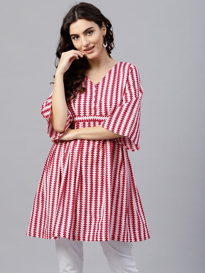 Pink and White Printed  A-line top wth 3/4 sleeves