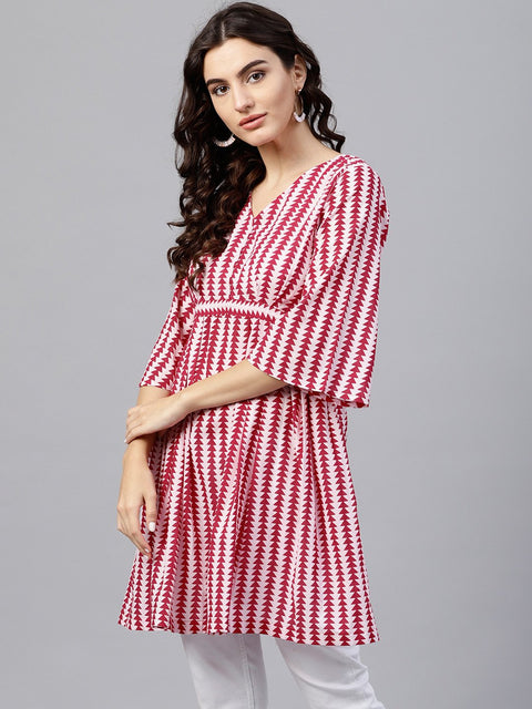 Pink and White Printed  A-line top wth 3/4 sleeves