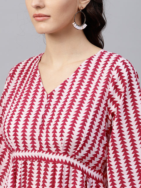 Pink and White Printed  A-line top wth 3/4 sleeves