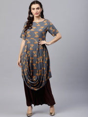 Blue printed A-line kurta with round neck and half sleeves