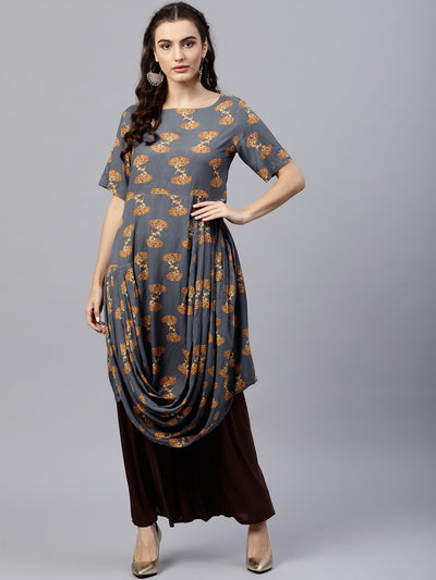 Blue printed A-line kurta with round neck and half sleeves
