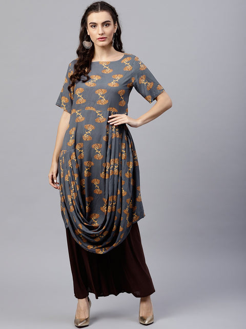 Blue printed A-line kurta with round neck and half sleeves