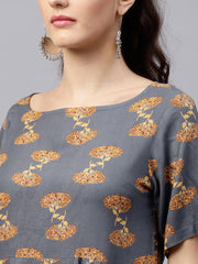 Blue printed A-line kurta with round neck and half sleeves