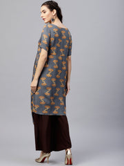 Blue printed A-line kurta with round neck and half sleeves