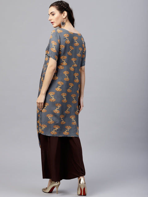 Blue printed A-line kurta with round neck and half sleeves