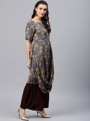 Blue printed A-line kurta with round neck and half sleeves