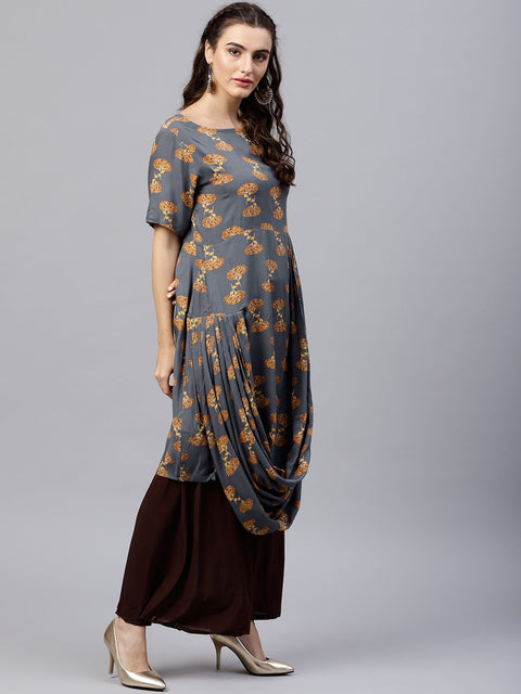 Blue printed A-line kurta with round neck and half sleeves
