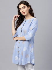 Round neck Light Blue printed tunic with front placket and 3/4 sleeves