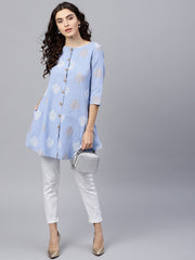 Round neck Light Blue printed tunic with front placket and 3/4 sleeves
