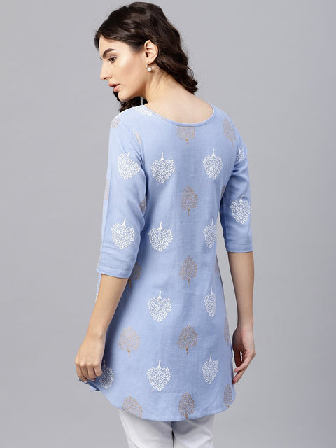 Round neck Light Blue printed tunic with front placket and 3/4 sleeves