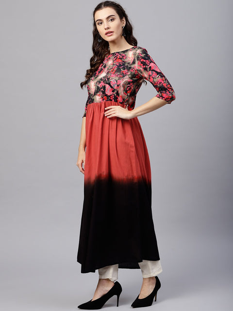 Multi colored maxi kurta with round neck and 3/4 sleeves