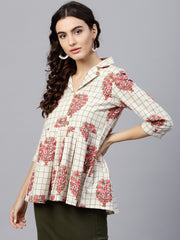Off white printed top with Notched collar and 3/4 sleeves