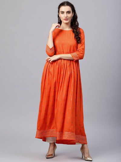 Rusty Orange printed kurta with round neck and 3/4 Flared sleeves