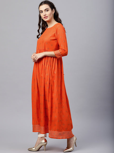 Rusty Orange printed kurta with round neck and 3/4 Flared sleeves