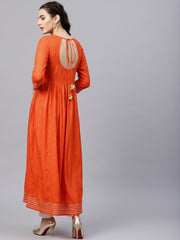 Rusty Orange printed kurta with round neck and 3/4 Flared sleeves