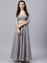 Silver grey printed set of blouse and skirt