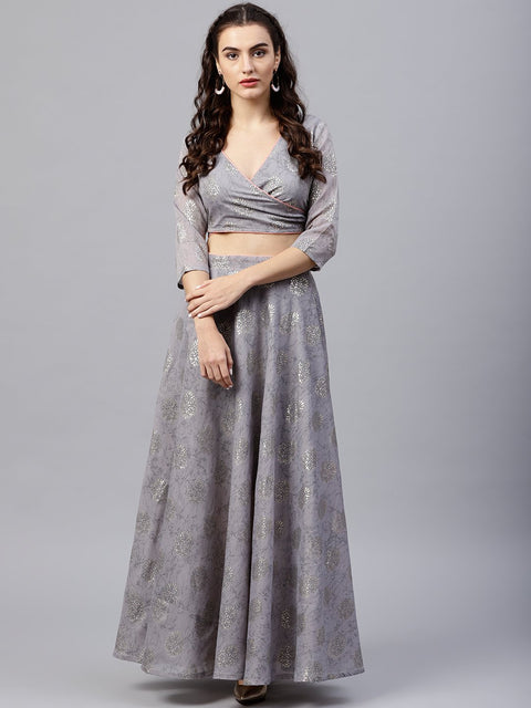Silver grey printed set of blouse and skirt