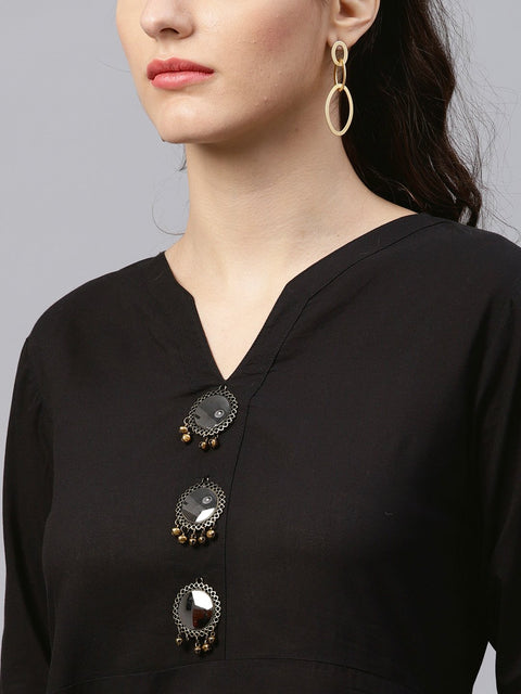 Black round neck kurta with frond emblishment and Palazzo