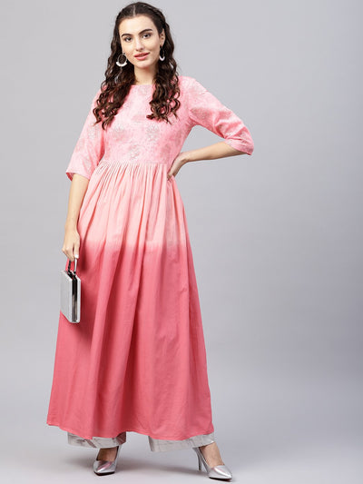 Pink ombre maxi kurta with round neck  and 3/4 sleeves