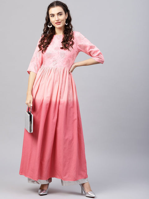 Pink ombre maxi kurta with round neck  and 3/4 sleeves