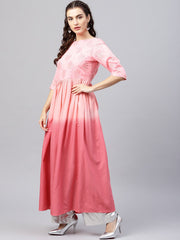 Pink ombre maxi kurta with round neck  and 3/4 sleeves