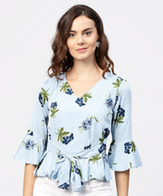 Blue striped 3/4th sleeve crepe Peplum style top with attached belt