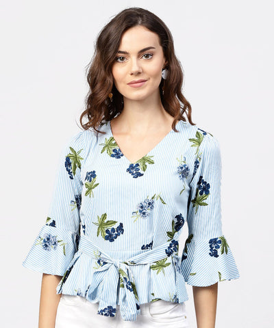 Blue striped 3/4th sleeve crepe Peplum style top with attached belt