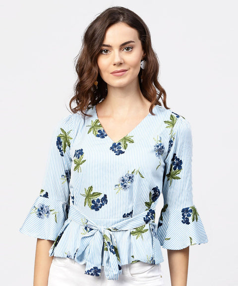 Blue striped 3/4th sleeve crepe Peplum style top with attached belt