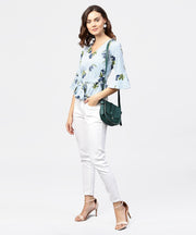 Blue striped 3/4th sleeve crepe Peplum style top with attached belt