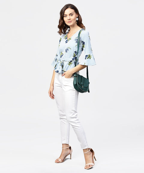 Blue striped 3/4th sleeve crepe Peplum style top with attached belt