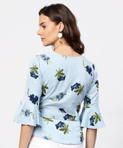 Blue striped 3/4th sleeve crepe Peplum style top with attached belt