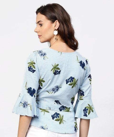 Blue striped 3/4th sleeve crepe Peplum style top with attached belt