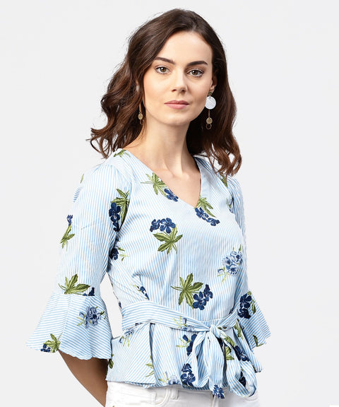 Blue striped 3/4th sleeve crepe Peplum style top with attached belt