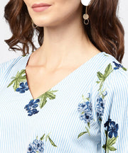 Blue striped 3/4th sleeve crepe Peplum style top with attached belt