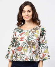 Off white printed 3/4th flared sleeve crepe top