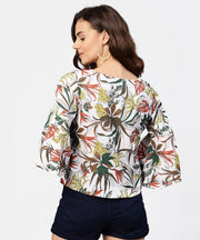 Off white printed 3/4th flared sleeve crepe top