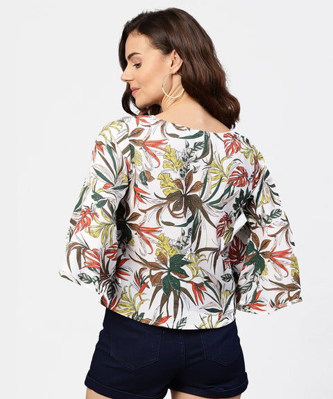 Off white printed 3/4th flared sleeve crepe top