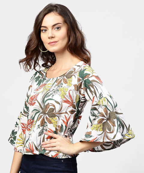 Off white printed 3/4th flared sleeve crepe top