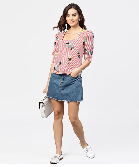 Pink striped half cuff style sleeve crepe top