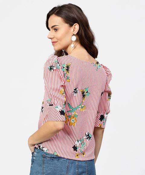 Pink striped half cuff style sleeve crepe top